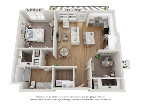Floor plan for 1 bed, 1 bath, 893 sqft